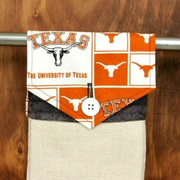 UNIVERSITY OF TEXAS PRINT ORANGE, GRAY & WHITE  HANDMADE HANGING KITCHEN TOWEL - Picture 1 of 2